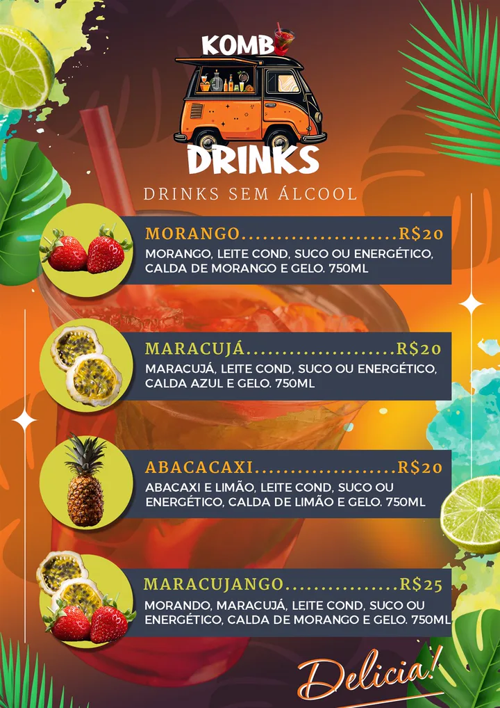 Cardápio de drinks criado pela TH Designer para a Kombi Drinks