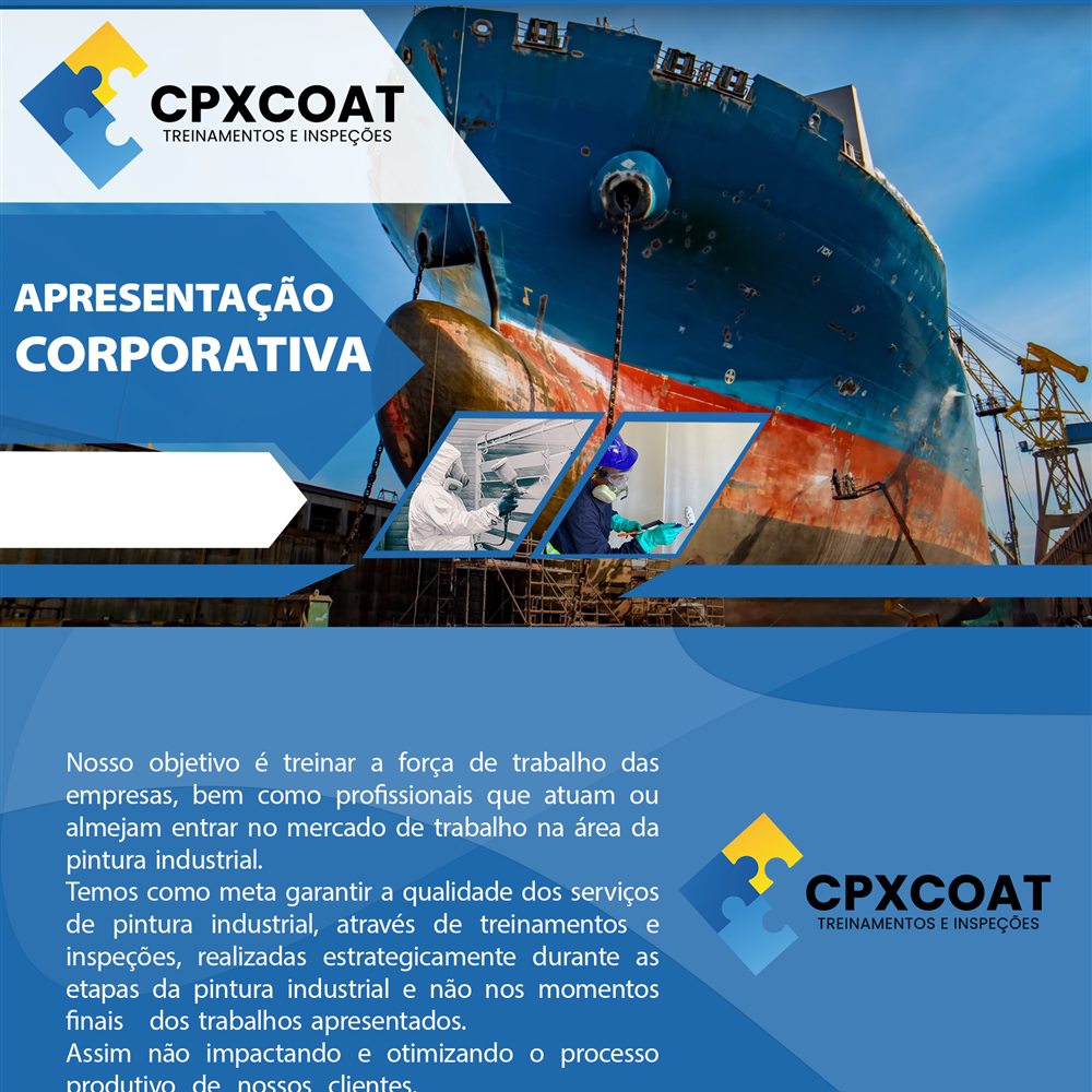 Apresentação corporativa CPXCOAT — treinamentos e inspeções em pintura industrial, criada pela TH Designer