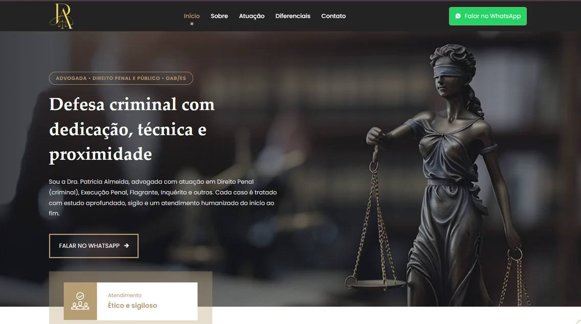 Página inicial do site da advogada Patrícia Almeida