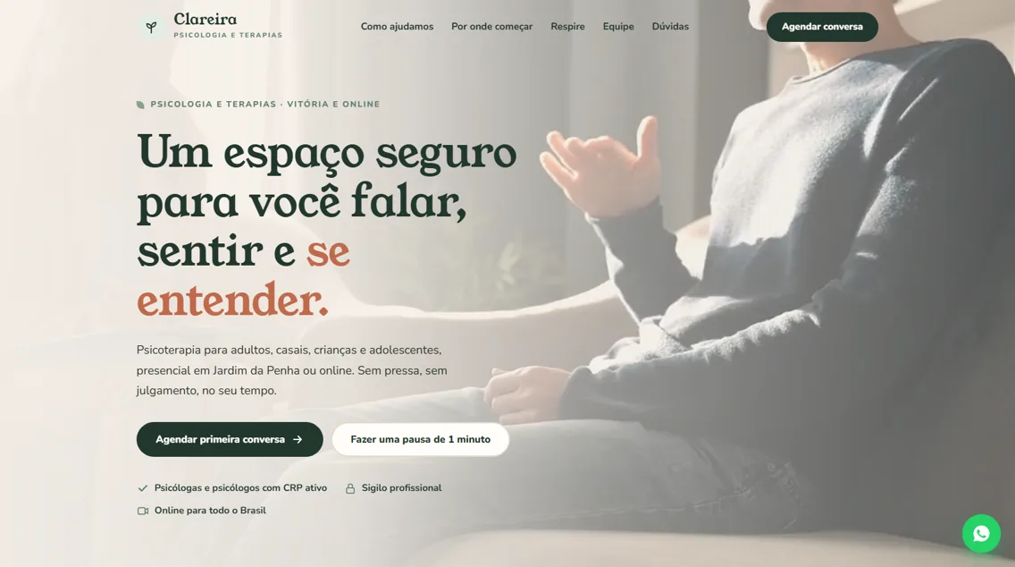 Página inicial do site da Clareira Psicologia