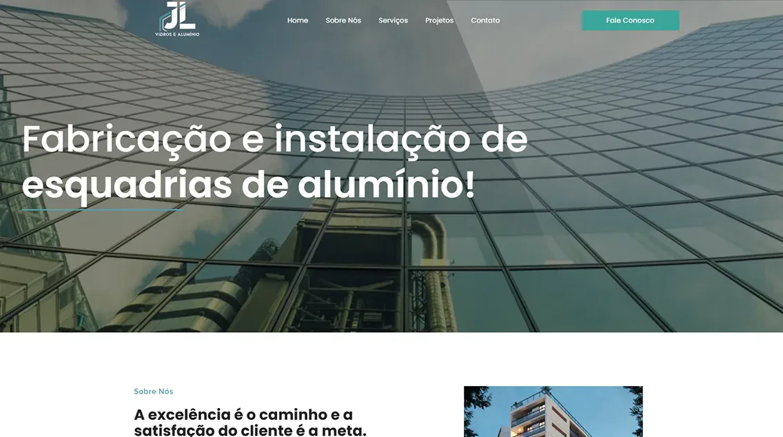Página inicial do site da JL Vidros e Alumínio