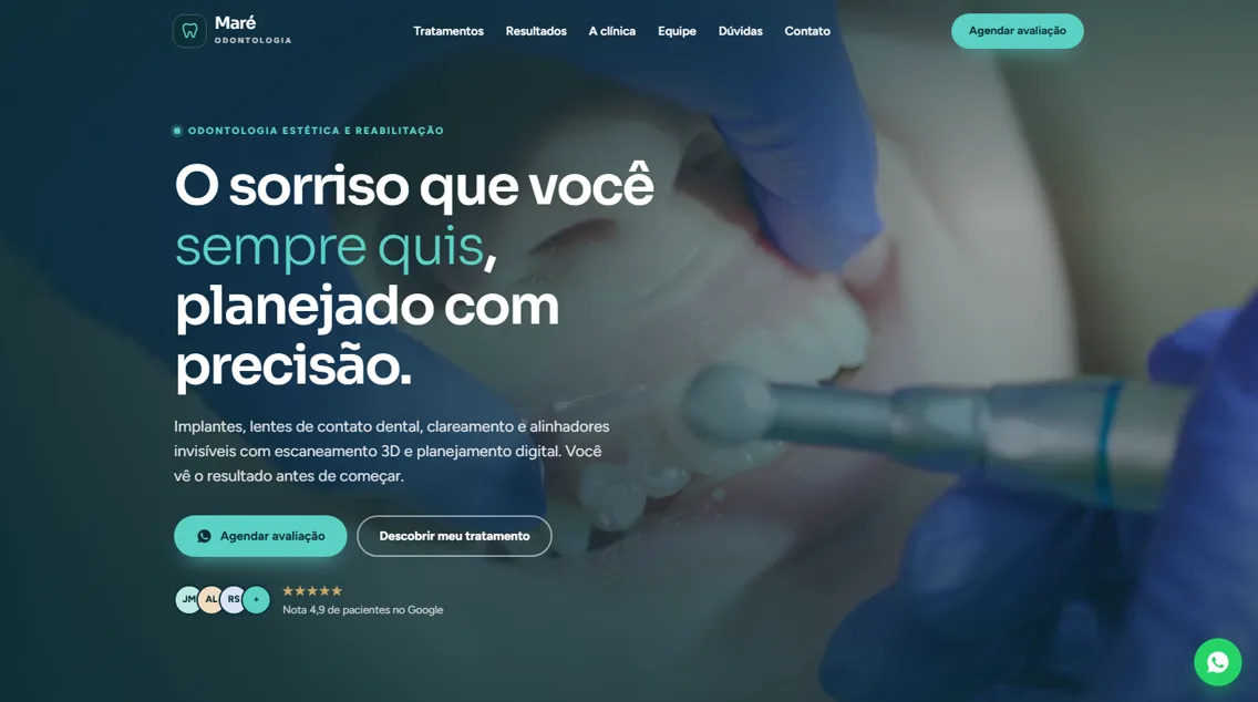 Página inicial do site da Maré Odontologia