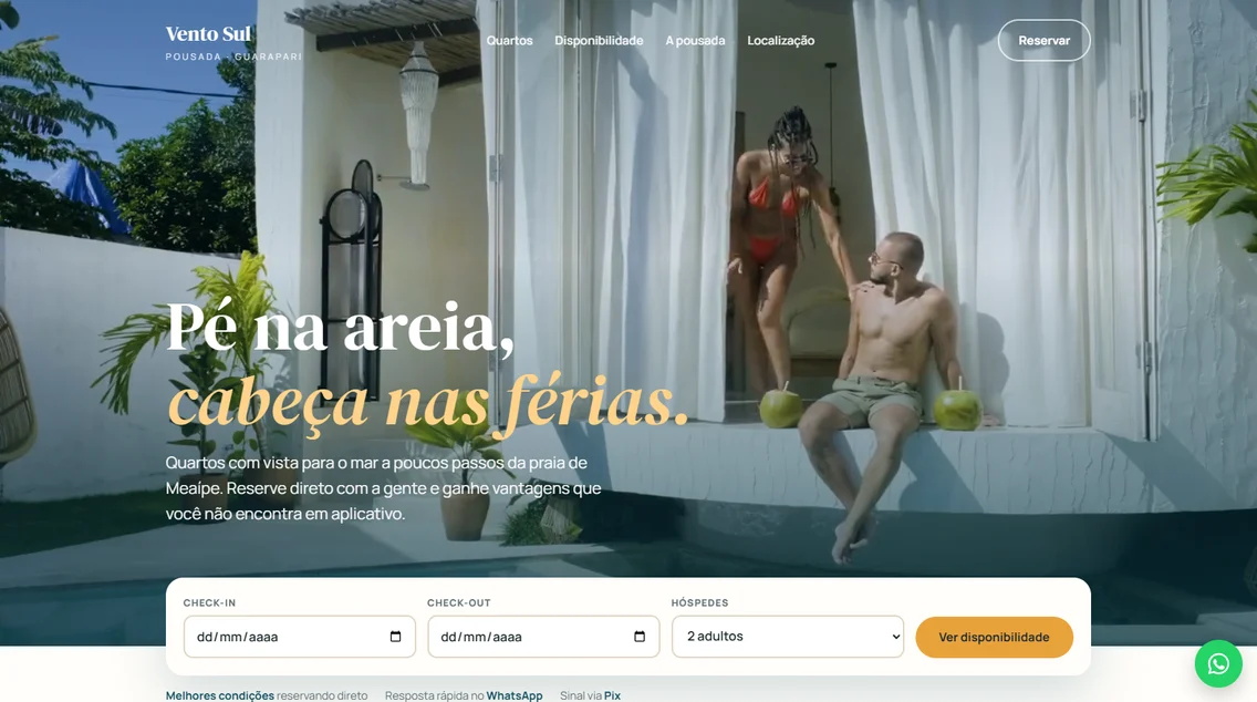 Página inicial do site da Pousada Vento Sul