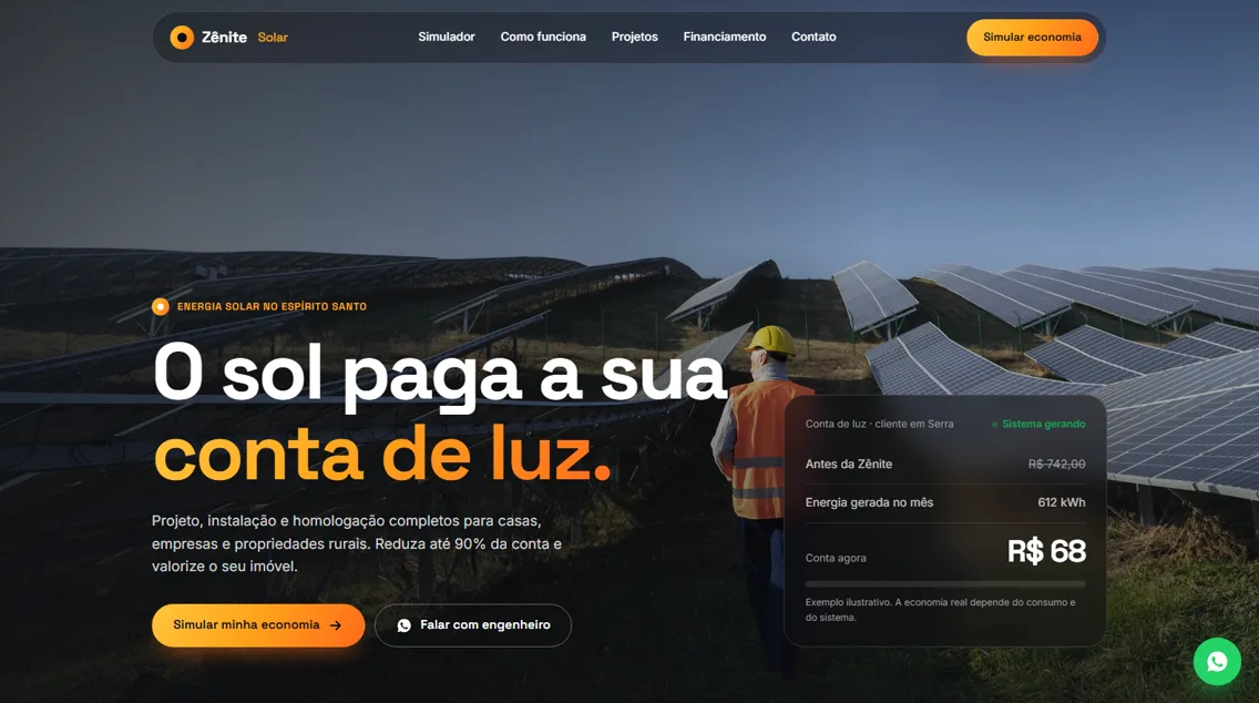 Página inicial do site da Zênite Energia Solar